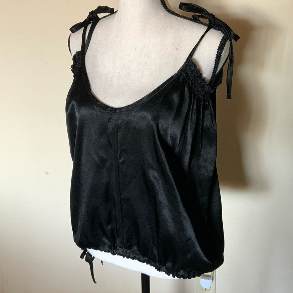 Vintage 70’s black satin spaghetti string tie tank top with drawstring waist S/M